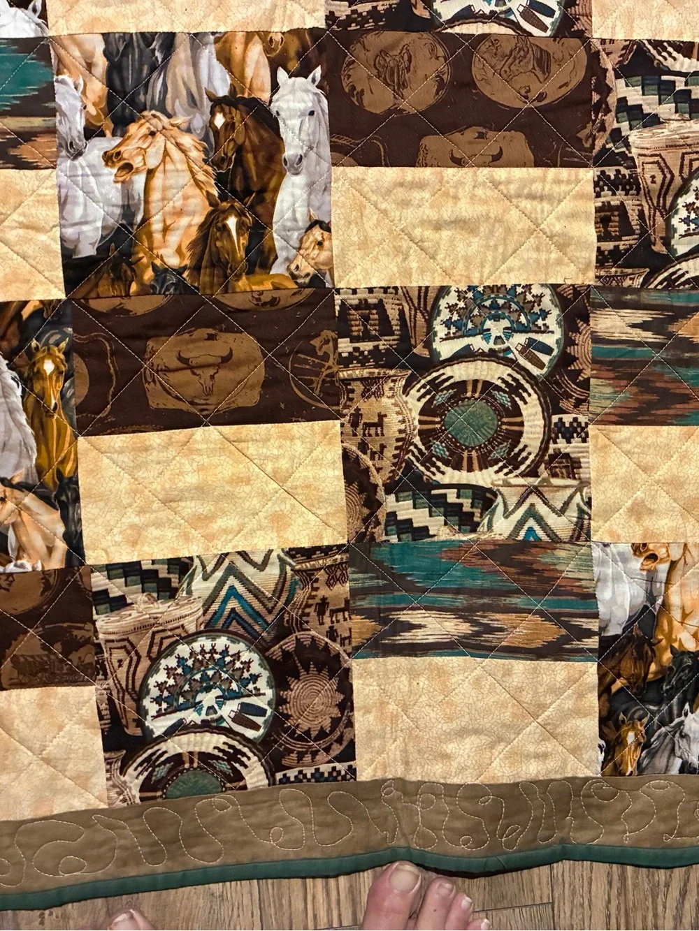 Handmade Western Patchwork Quilt in Brown, Cream & Teal 61” x42”